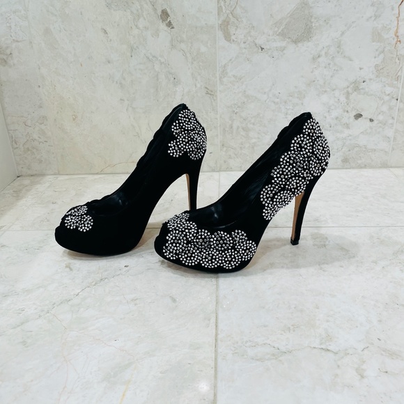 KAREN MILLEN {6} Black Silver Beaded Pumps Peep Toe Stiletto - Picture 5 of 16